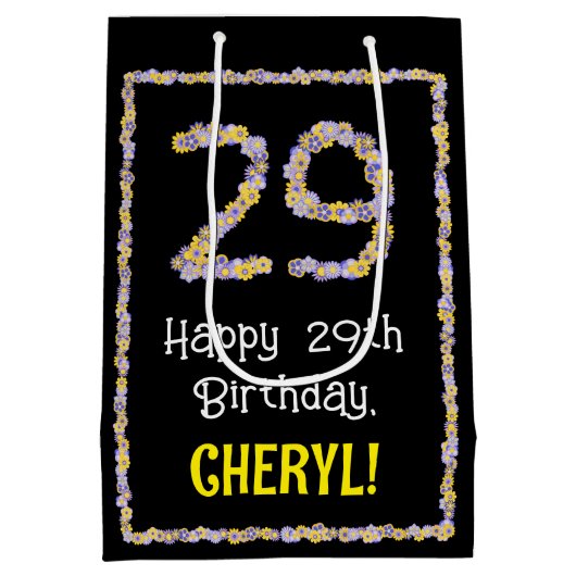 29e verjaardag: Floral Flowers Number, Custom Name Medium Cadeauzakje (Achterkant)