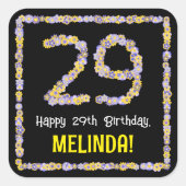 29e verjaardag: Floral Flowers Number, Custom Name Vierkante Sticker (Voorkant)