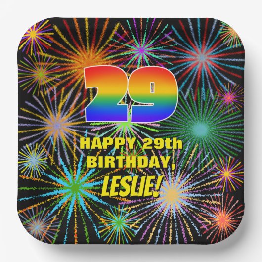 29e verjaardag: kleurrijk, gevierd vuurwerk papieren bordje (Voorkant)