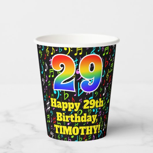 29e Verjaardag: Plezier Muzieknoten, Regenboog 29 Papieren Bekers (Achterkant)