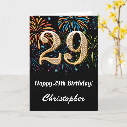 29e verjaardag regenboogvuurwerk zwart en goud kaart (Gele Bloem)