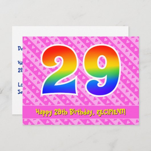 29e verjaardag: Roze strepen & harten, Regenboog 2 Briefkaart (Voorkant / Achterkant)