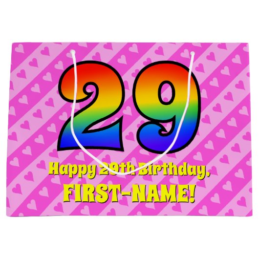 29e verjaardag: roze strepen & harten, regenboog # groot cadeauzakje (Voorkant)