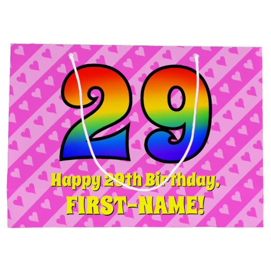 29e verjaardag: roze strepen & harten, regenboog # groot cadeauzakje (Achterkant)