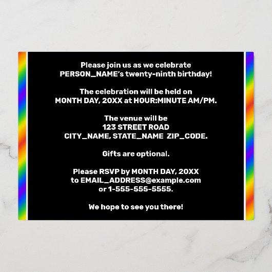 29e verjaardag van de geboorte - Fun, regenboogspe Folie Uitnodiging (Achterkant)