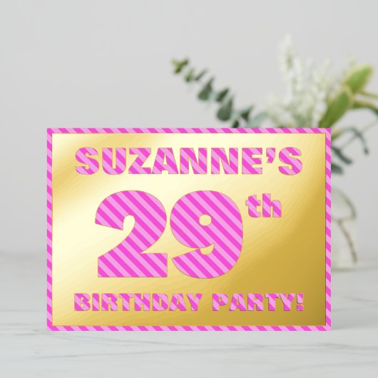 29e verjaardag — Vet, vuurtje, roze band # 29 Folie Uitnodiging (Staand Voorkant)