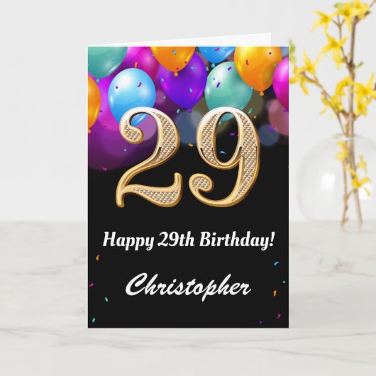 29e verjaardag zwarte en goudkleurige ballonnen kaart (Gele Bloem)