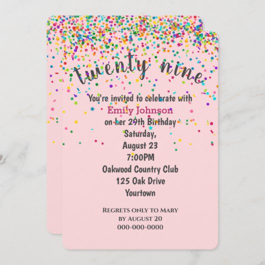 29e verjaardagsfeestje Confetti op roze Kaart (Voorkant / Achterkant)