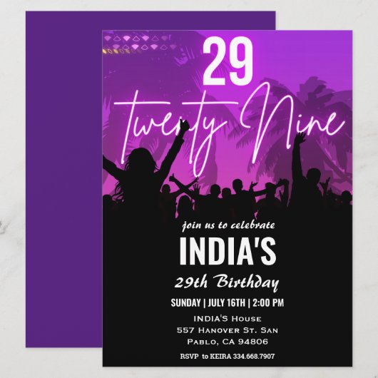 29e verjaardagsfeestje roze neon kaart (Voorkant / Achterkant)