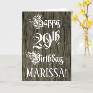 29th Birthday: Fancy, Elegant Text; Faux Wood Look Kaart