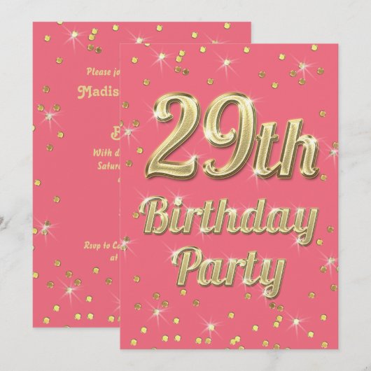 29th Birthday Gold Bling Typography Confetti Roze Kaart (Voorkant / Achterkant)