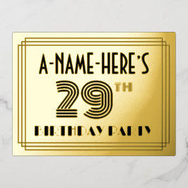 29th Birthday Party ~ Art Deco Style "29" + naam Folie Uitnodiging Briefkaart