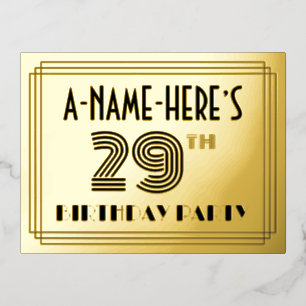 29th Birthday Party ~ Art Deco Style "29" + naam Folie Uitnodiging Briefkaart