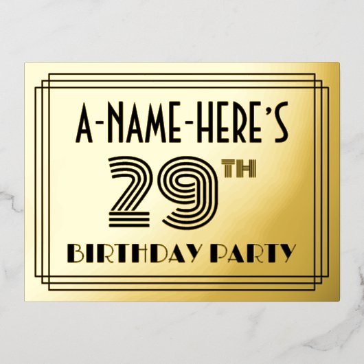 29th Birthday Party ~ Art Deco Style "29" + naam Folie Uitnodiging Briefkaart (Voorkant)