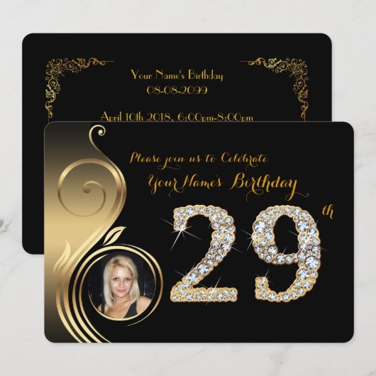29th, Verjaardag Uitnodiging, Nummer Diamant, Foto Kaart (Voorkant / Achterkant)