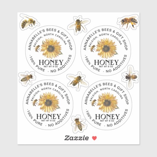 2,5-inch wisbaar honingetiket met zonnebloem en bi sticker (Vel)