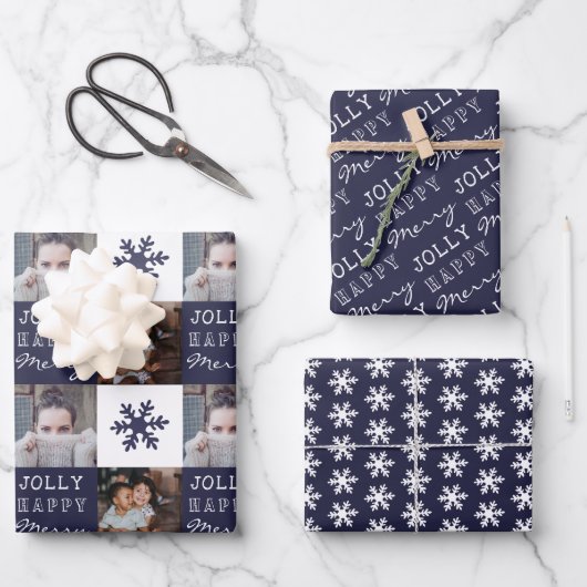 2 Aangepaste foto's Snowflake Merry Jolly Kerstmis Inpakpapier Vel (Voorkant)