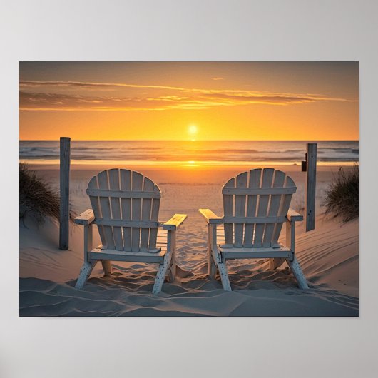2 Adirondack Chairs on the Beach Vivid Sinset Poster (Voorkant)