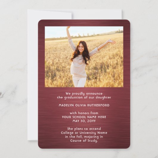 2 Afstuderen Foto geborsteld rood en wit script Aankondiging (Achterkant)