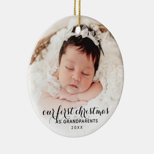 2 Baby Foto's van ons eerste kerstfeest als grooto Keramisch Ornament (Rechts)