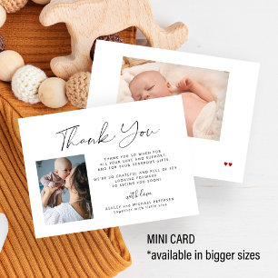 2 babyfoto's eenvoudige elegante script bedankt notitiekaartje