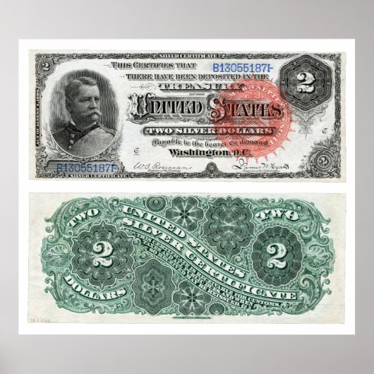 $2 Bankbiljet Silver Certificate Series 1886 Poster (Voorkant)