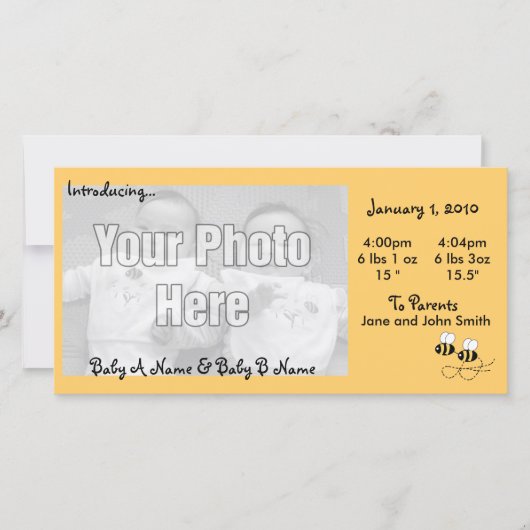 2 Bijen Tweeling Foto Geboorteaankondiging Aankondiging (Voorkant)