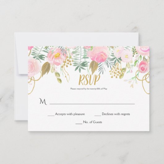 #2 Blush Roze en Gouden Waterverf Bloemen RSVP (Voorkant)