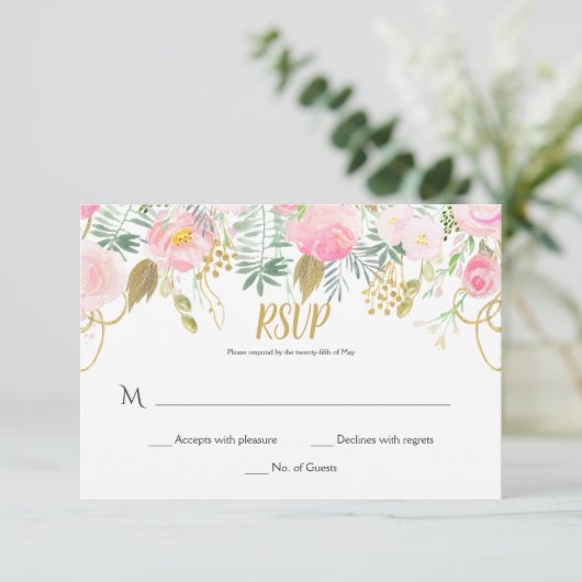 #2 Blush Roze en Gouden Waterverf Bloemen RSVP (Staand voorkant)