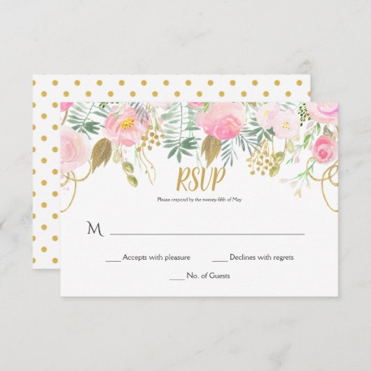 #2 Blush Roze en Gouden Waterverf Bloemen RSVP (Voorkant / Achterkant)