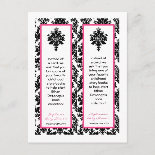 2 Boek Marks Hot Pink Black Damask Uitnodiging Briefkaart (Voorkant)