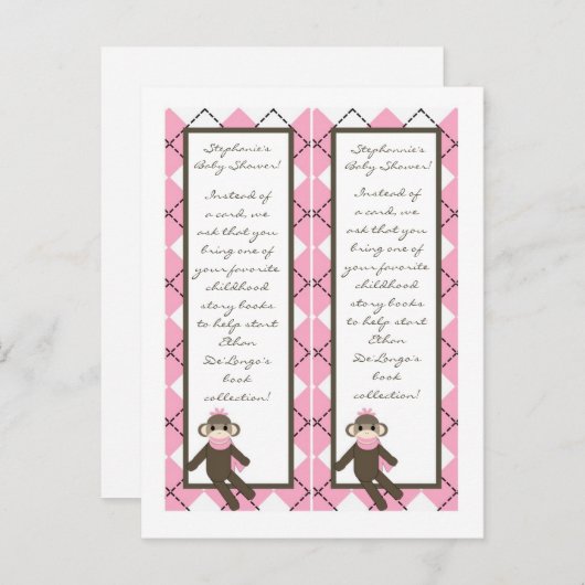 2 Boek Marks Pink Sock Monkey Argyle Uitnodiging Briefkaart (Voorkant / Achterkant)