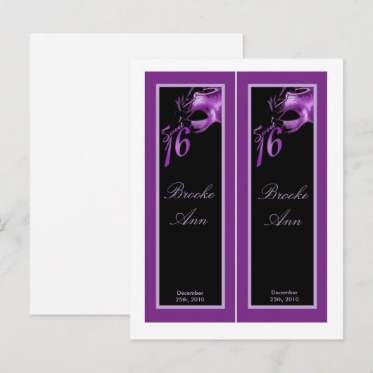2 Boekmerken Sweet 16 Paarse Lila Zwarte Partij Uitnodiging Briefkaart (Voorkant / Achterkant)