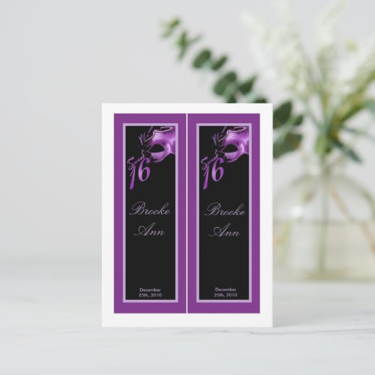 2 Boekmerken Sweet 16 Paarse Lila Zwarte Partij Uitnodiging Briefkaart (Staand voorkant)
