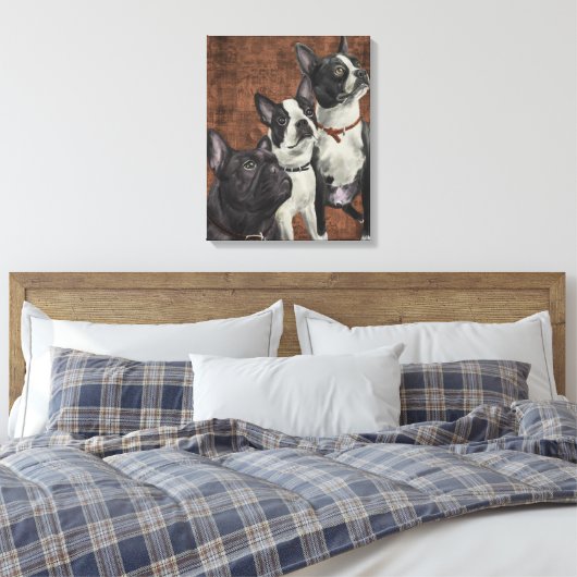 2 Boston Terriers en Franse Bulldog Canvas Afdruk (Insitu (Slaapkamer))