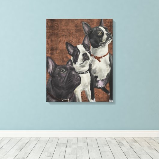 2 Boston Terriers en Franse Bulldog Canvas Afdruk (Insitu (Houten vloer))