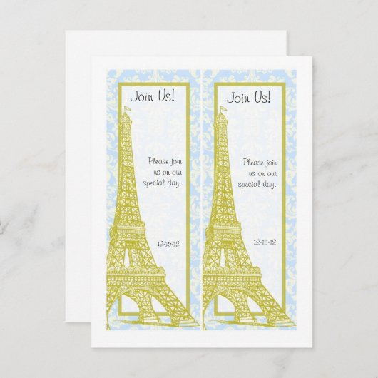 2 Bruiloft in Paris Blue Damask Save Date Bladwijz Aankondigingskaart (Voorkant / Achterkant)