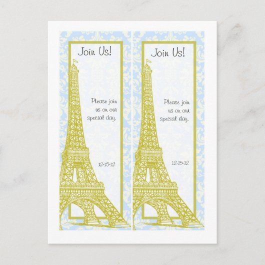 2 Bruiloft in Paris Blue Damask Save Date Bladwijz Aankondigingskaart (Voorkant)