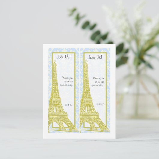 2 Bruiloft in Paris Blue Damask Save Date Bladwijz Aankondigingskaart (Staand voorkant)