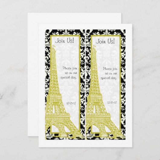 2 Bruiloft in Paris Zwart Damask Save Date Bladwij Aankondigingskaart (Voorkant / Achterkant)