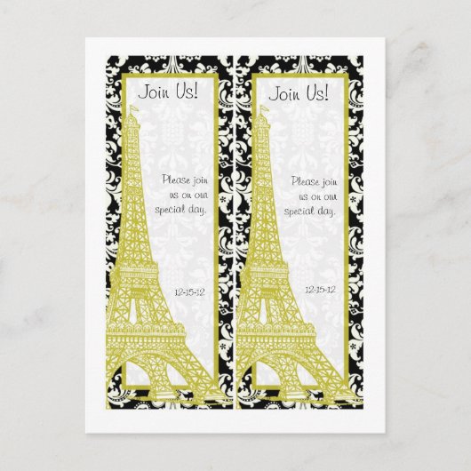 2 Bruiloft in Paris Zwart Damask Save Date Bladwij Aankondigingskaart (Voorkant)