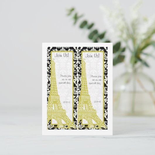 2 Bruiloft in Paris Zwart Damask Save Date Bladwij Aankondigingskaart (Staand voorkant)