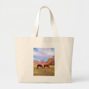 2 Bruine paarden in een gekleurd veld Grote Tote Bag