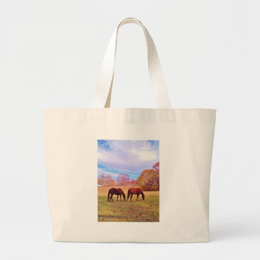2 Bruine paarden in een gekleurd veld Grote Tote Bag (Voorkant)