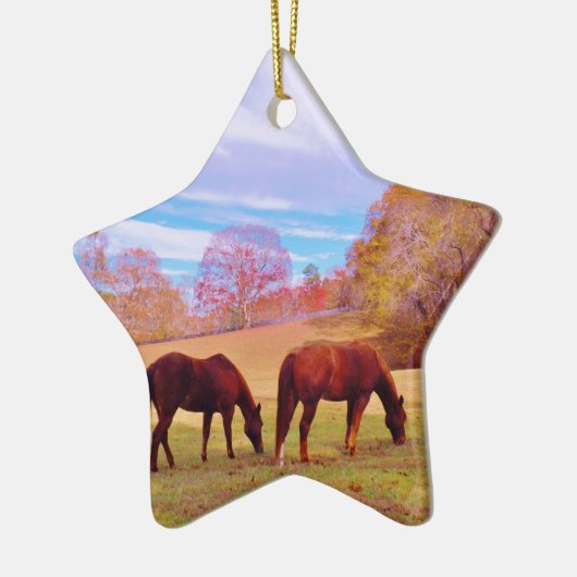 2 Bruine paarden in een gekleurd veld Keramisch Ornament (Links)