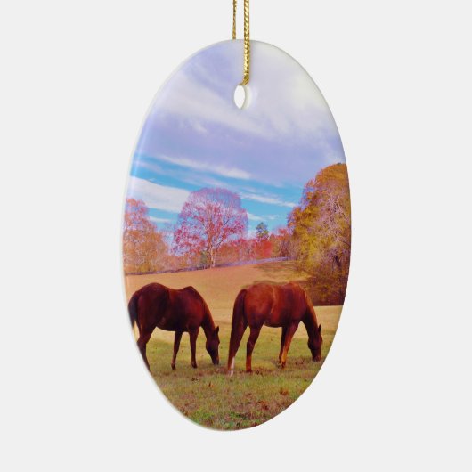 2 Bruine paarden in een gekleurd veld Keramisch Ornament (Rechts)