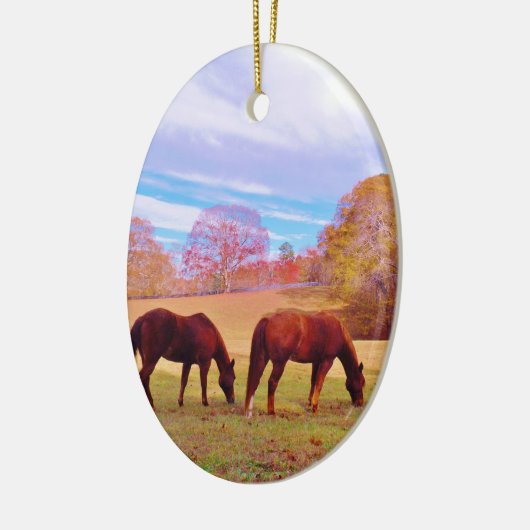 2 Bruine paarden in een gekleurd veld Keramisch Ornament (Links)