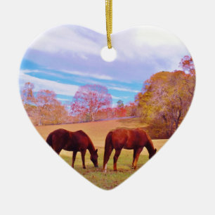 2 Bruine paarden in een gekleurd veld Keramisch Ornament