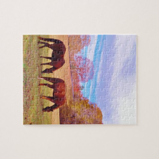 2 Bruine paarden in een gekleurd veld Legpuzzel (Horizontaal)