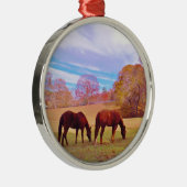 2 Bruine paarden in een gekleurd veld Metalen Ornament (Rechts)